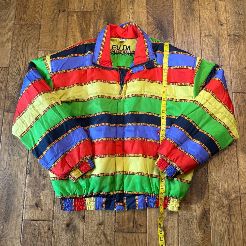 Vintage FU DA International Jacket Sz XL Multicolor 100% Silk Puffer Bomber - Picture 3 of 6